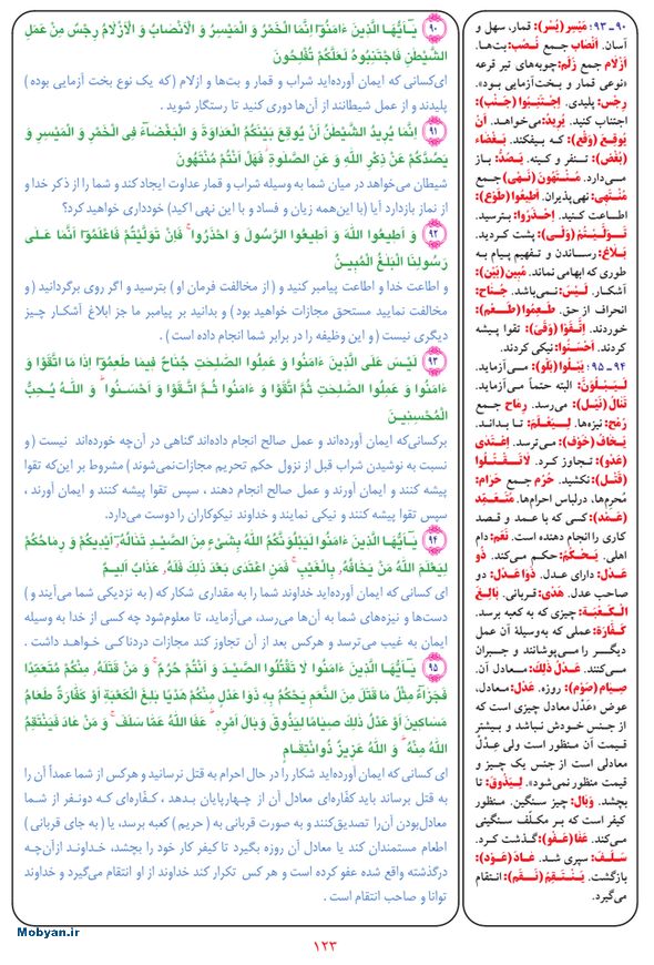 قرآن  بشیر با ترجمه و معنی بعضی از لغات صفحه 123