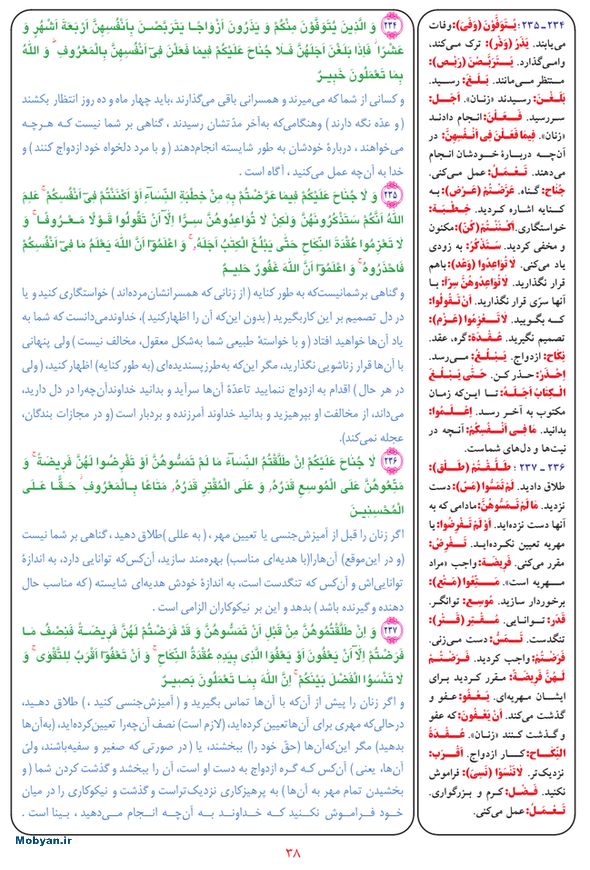 قرآن  بشیر با ترجمه و معنی بعضی از لغات صفحه 38