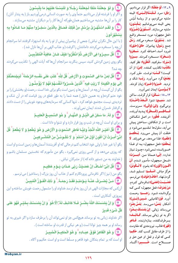 قرآن  بشیر با ترجمه و معنی بعضی از لغات صفحه 129