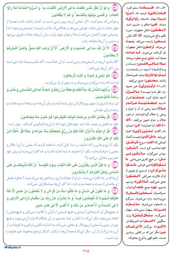 قرآن  بشیر با ترجمه و معنی بعضی از لغات صفحه 215