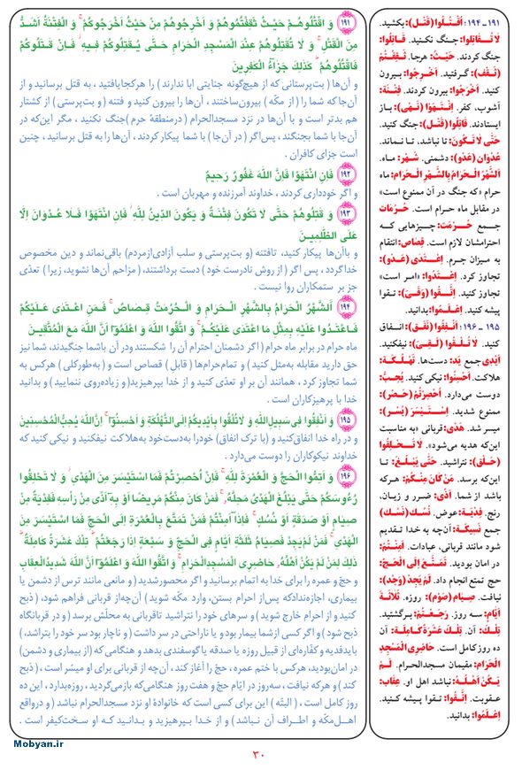 قرآن  بشیر با ترجمه و معنی بعضی از لغات صفحه 30