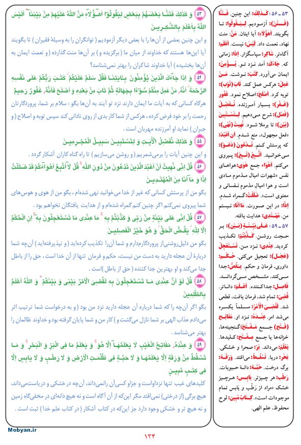 قرآن  بشیر با ترجمه و معنی بعضی از لغات صفحه 134