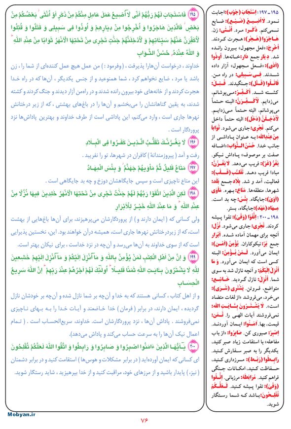 قرآن  بشیر با ترجمه و معنی بعضی از لغات صفحه 76