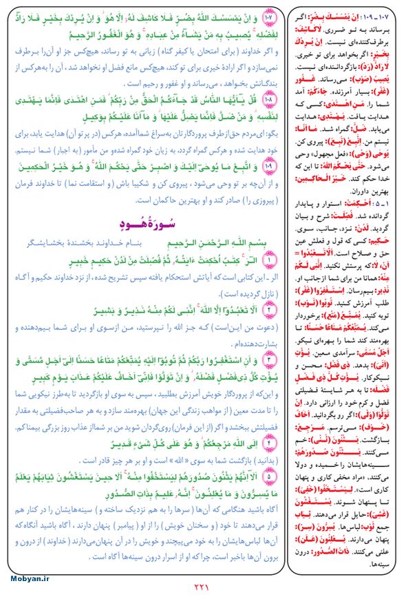 قرآن  بشیر با ترجمه و معنی بعضی از لغات صفحه 221