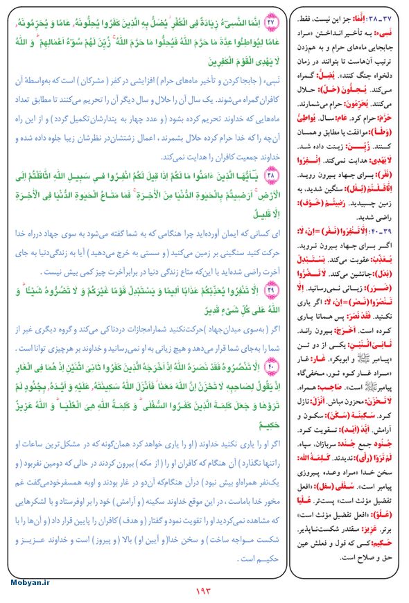 قرآن  بشیر با ترجمه و معنی بعضی از لغات صفحه 193