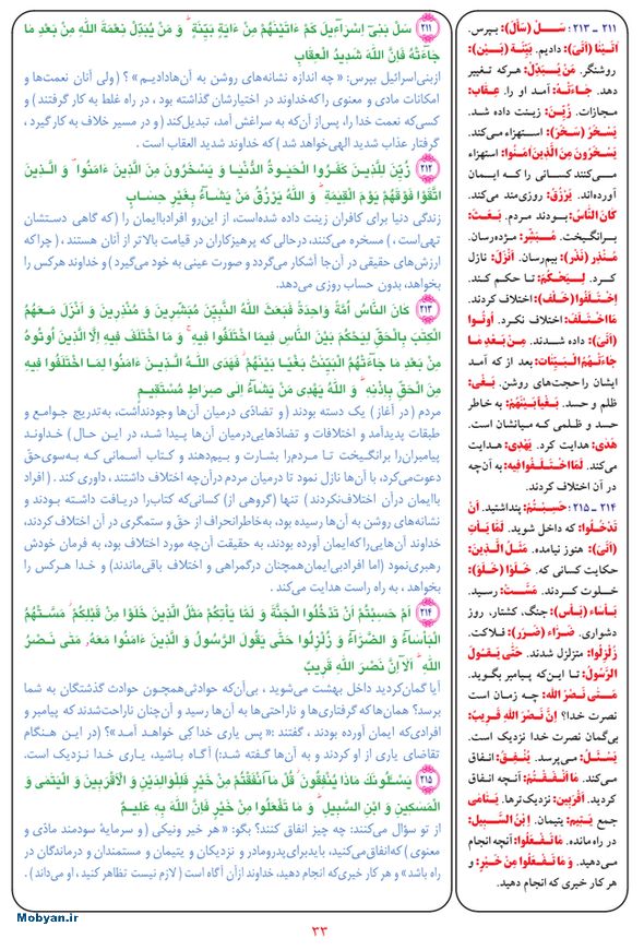 قرآن  بشیر با ترجمه و معنی بعضی از لغات صفحه 33