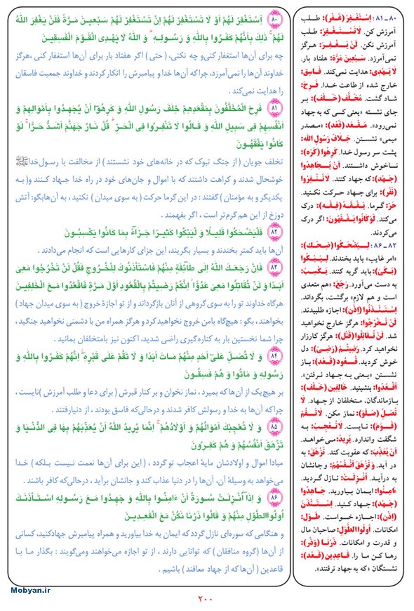 قرآن  بشیر با ترجمه و معنی بعضی از لغات صفحه 200