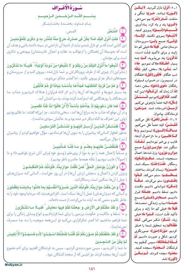 قرآن  بشیر با ترجمه و معنی بعضی از لغات صفحه 151