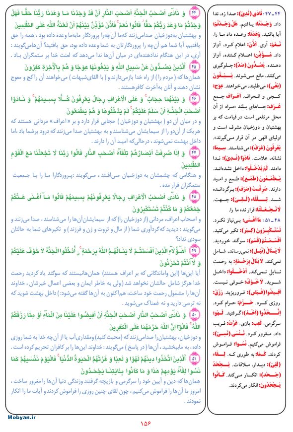 قرآن  بشیر با ترجمه و معنی بعضی از لغات صفحه 156