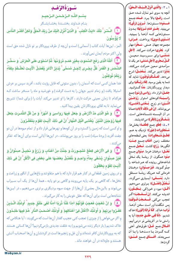 قرآن  بشیر با ترجمه و معنی بعضی از لغات صفحه 249
